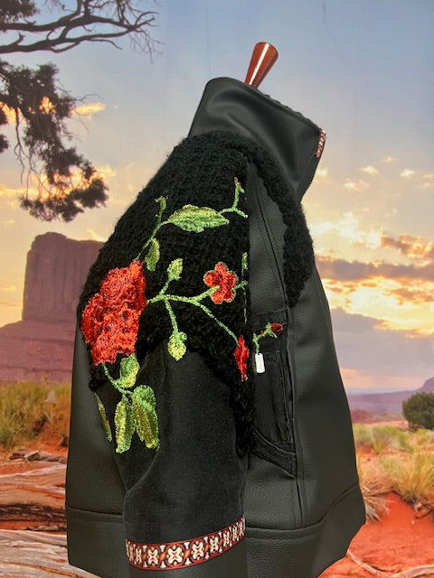 Black Vegan Leather & Roses Bomber Jacket
