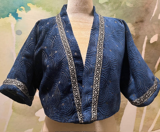 Retro Blue Crop Jacket with Trim